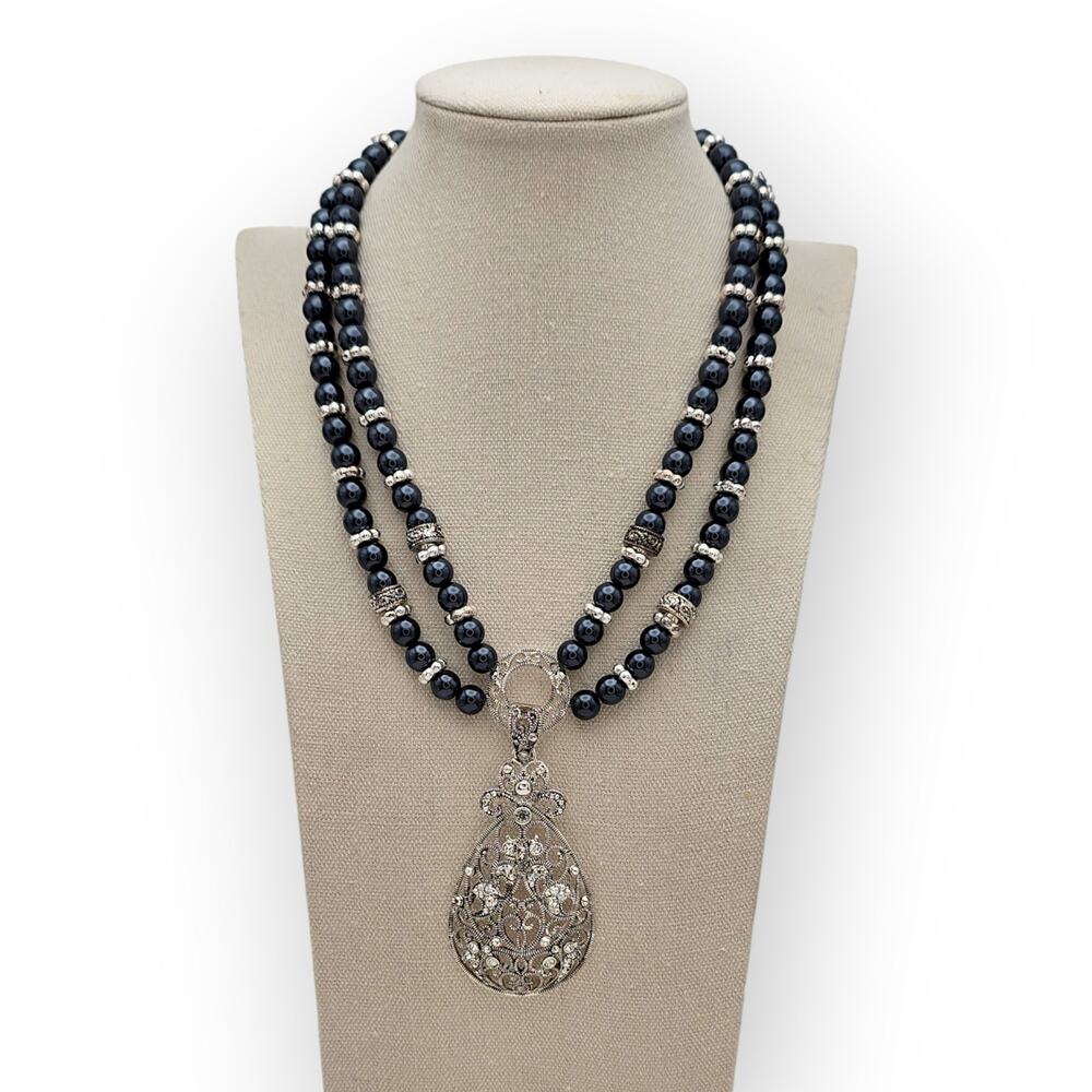 Ornate Silver Teardrop Pendant Black Beaded Double Strand Necklace Baroque Glam